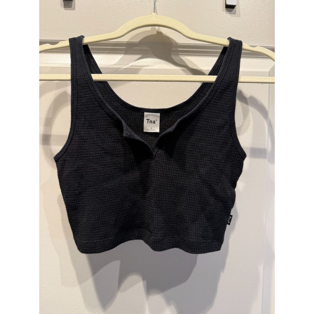 Tna Cropped Waffle Notch Tank Black Size Small EUC Aritzia Lounge Pajama Cozy
